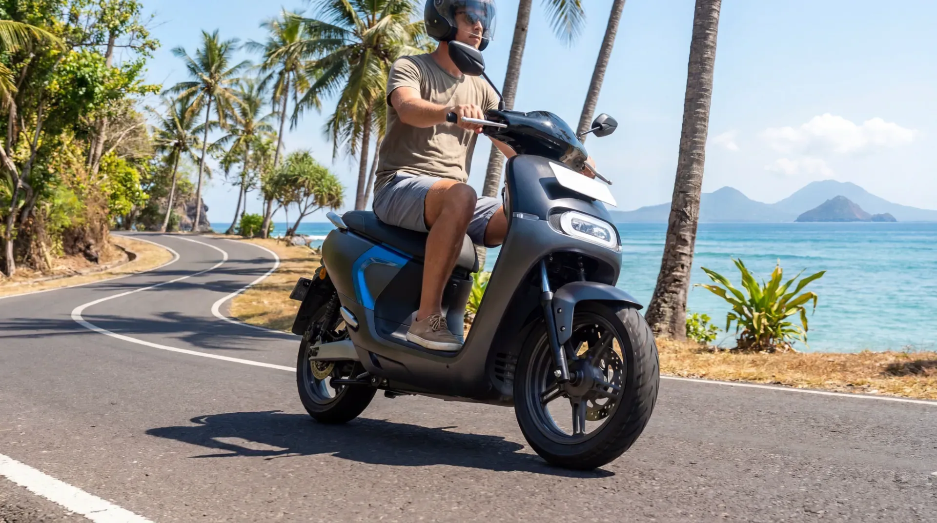 Electric Scooter on Indonesian Coastal Road Demonstrating Battery Efficiency Electric Scooter on Indonesian Coastal Road Demonstrating Battery Efficiency